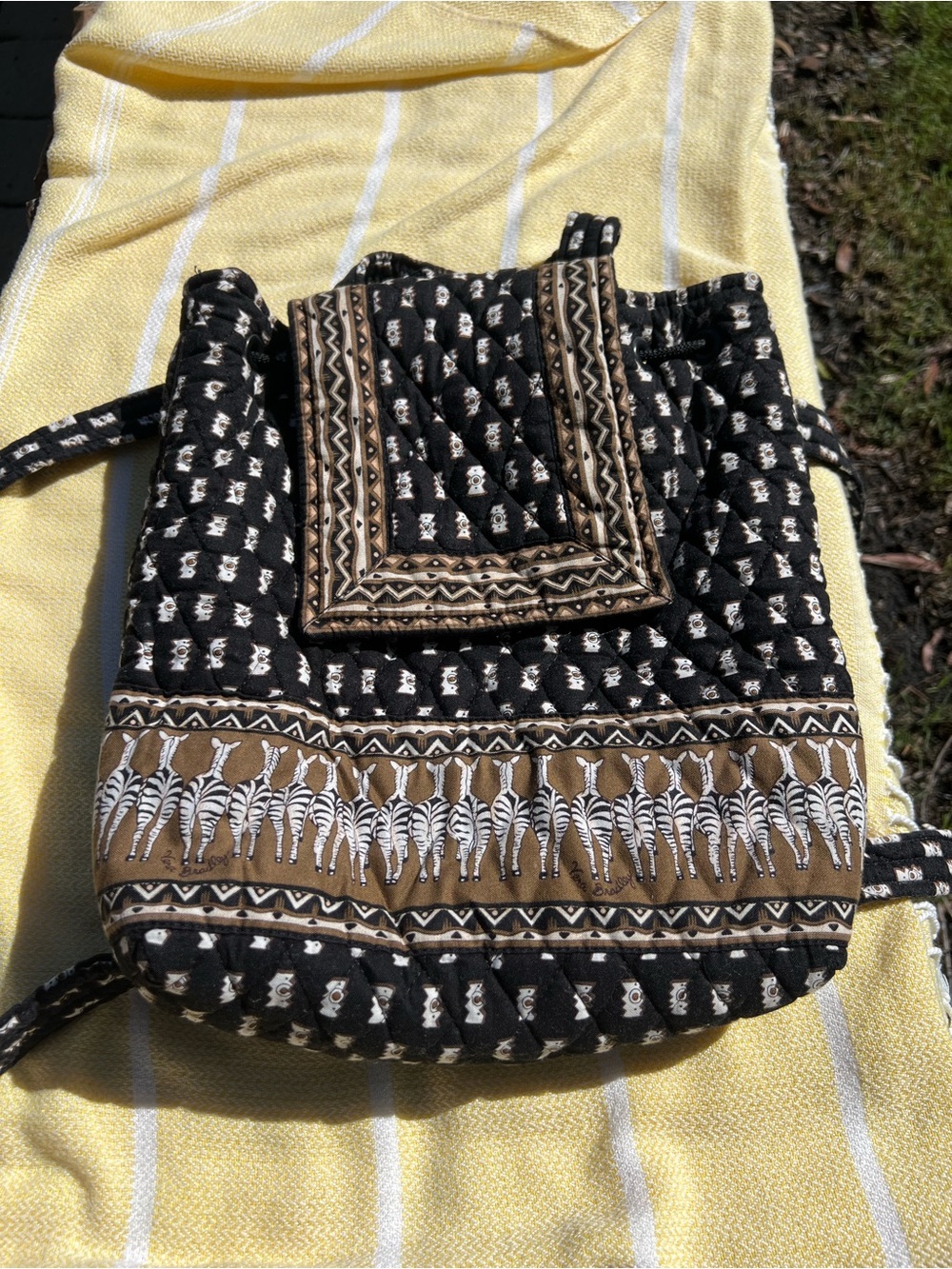 Vera Bradley Quilted Black and Tan Patterned Drawstring Backpack